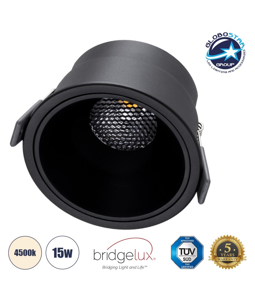 GLOBOSTAR® PLUTO-B 60262 Χωνευτό Downlight Σποτ με Honeycomb Anti Glare Reflector LED 15W 1950lm 38° AC 220-240V IP20 Φυσικό Λευκό 4500K - Bridgelux COB Chip & TÜV SÜD Driver - Μαύρο Ματ - Μ10.4 x Π10.4 x Υ6.5cm - Q9.5cm - 5 Χρόνια Εγγύηση